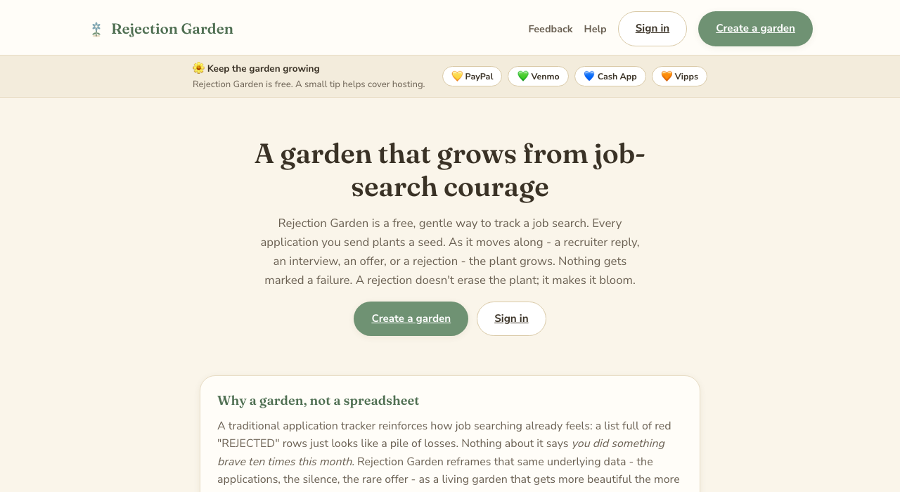Preview screenshot of Rejection Garden, showing its hero section and gentle job-search tracking pitch